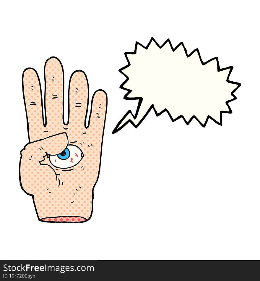 comic book speech bubble cartoon spooky hand with eyeball