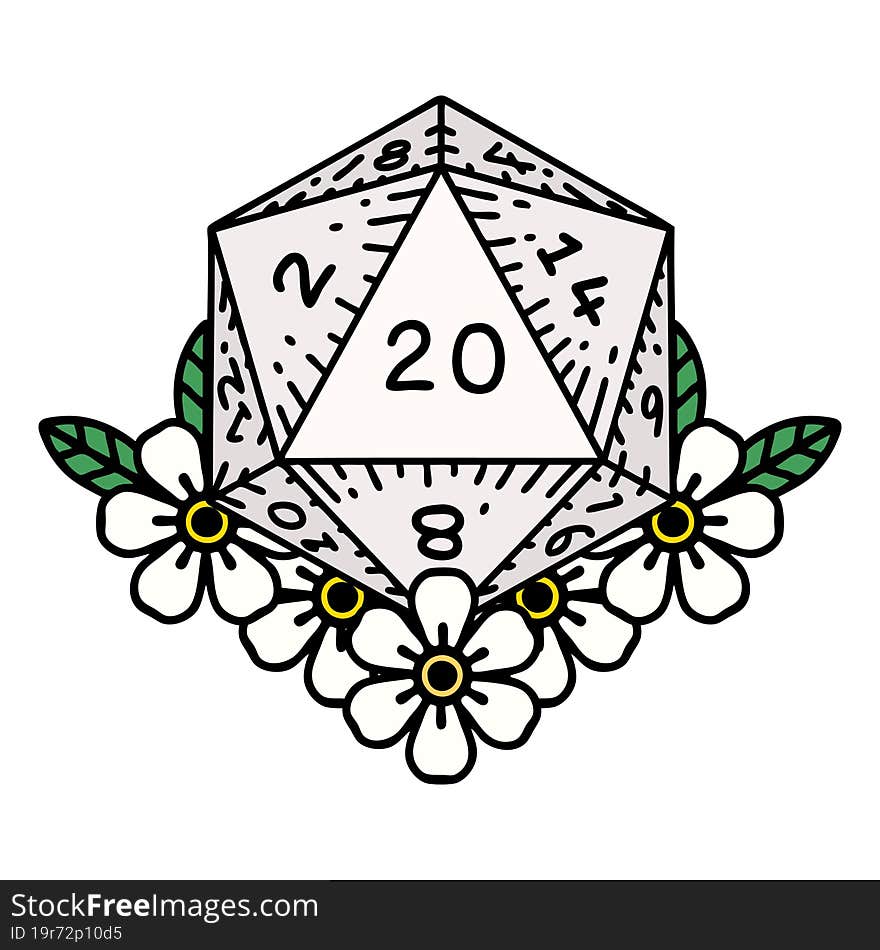 Retro Tattoo Style natural 20 D20 dice roll with floral elements. Retro Tattoo Style natural 20 D20 dice roll with floral elements