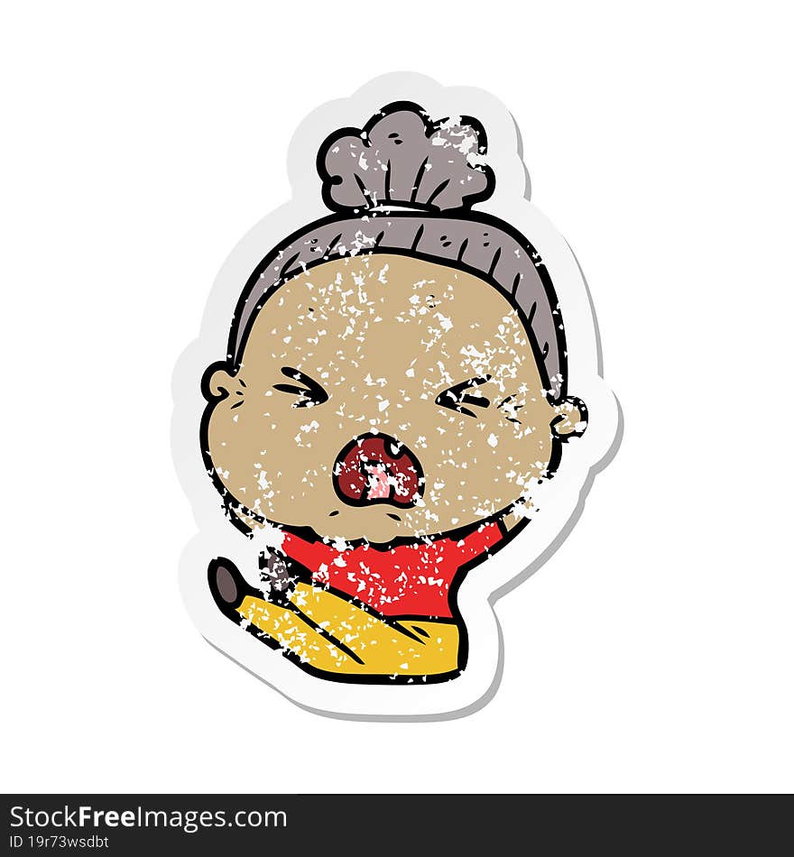 distressed sticker of a cartoon angry old woman