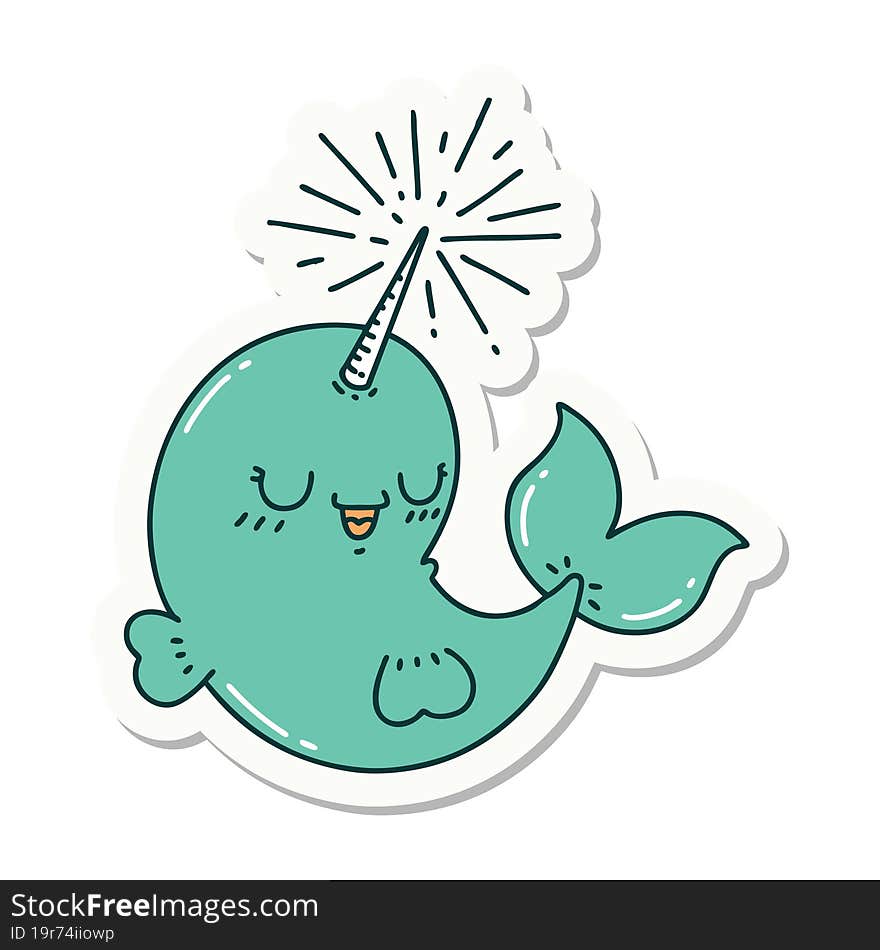 sticker of tattoo style happy narwhal