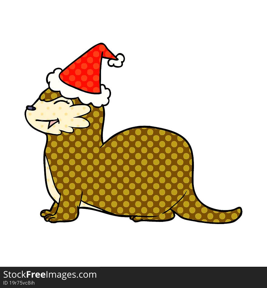 Laughing Otter Comic Book Style Illustration Of A Wearing Santa Hat