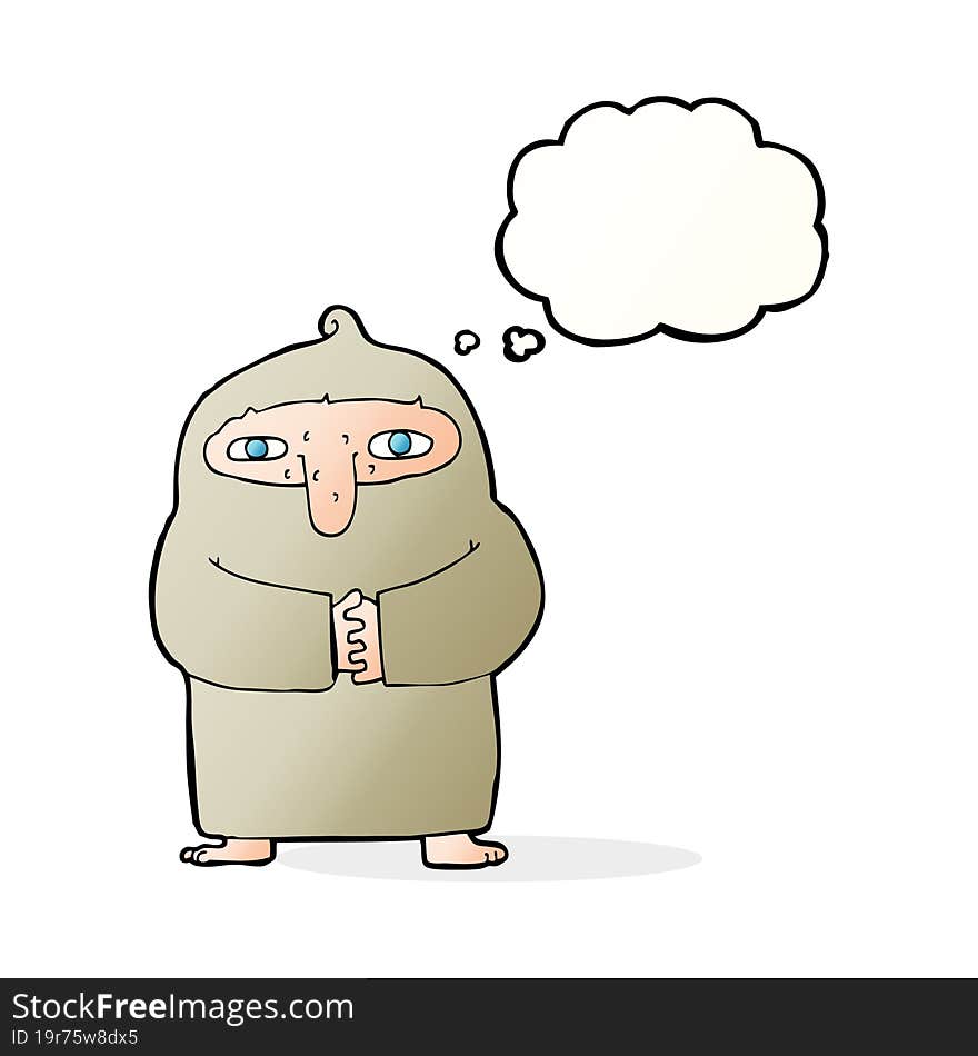 cartoon monk in robe with thought bubble