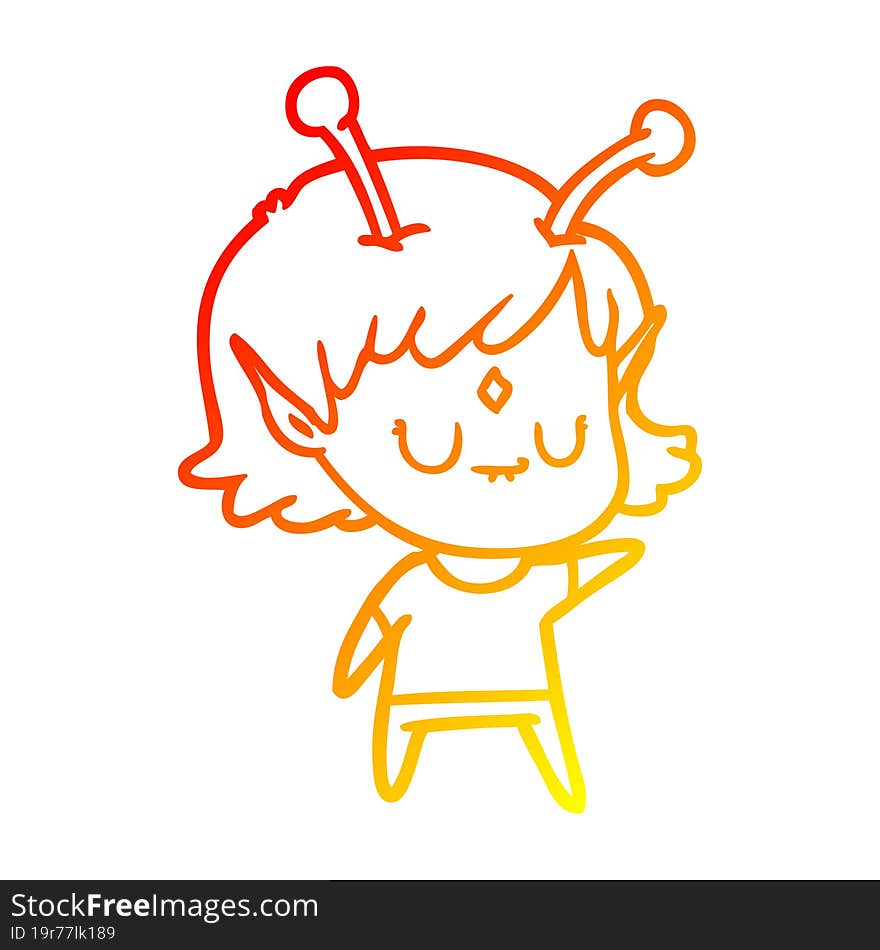 warm gradient line drawing of a cartoon alien girl