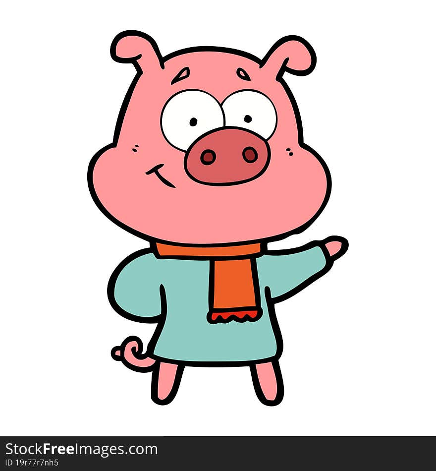 happy cartoon pig wearing warm clothes. happy cartoon pig wearing warm clothes