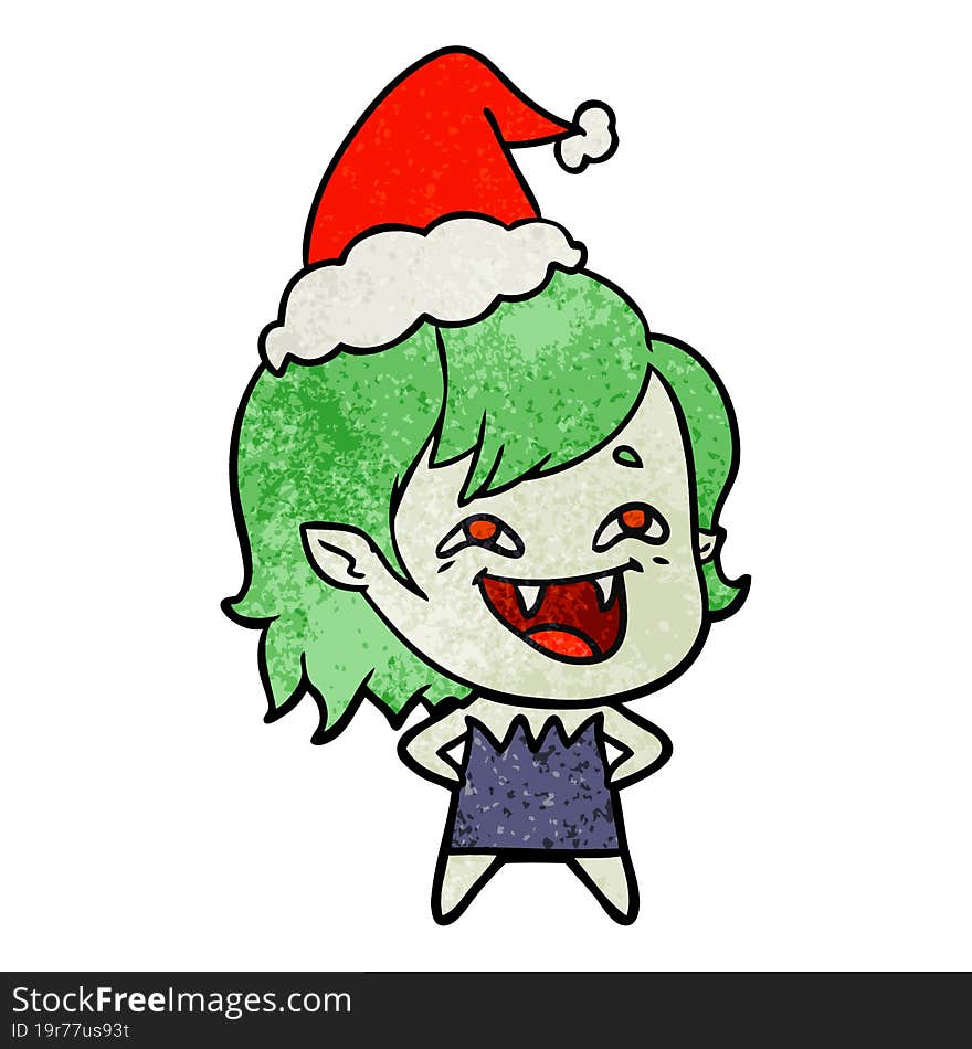 textured cartoon of a laughing vampire girl wearing santa hat