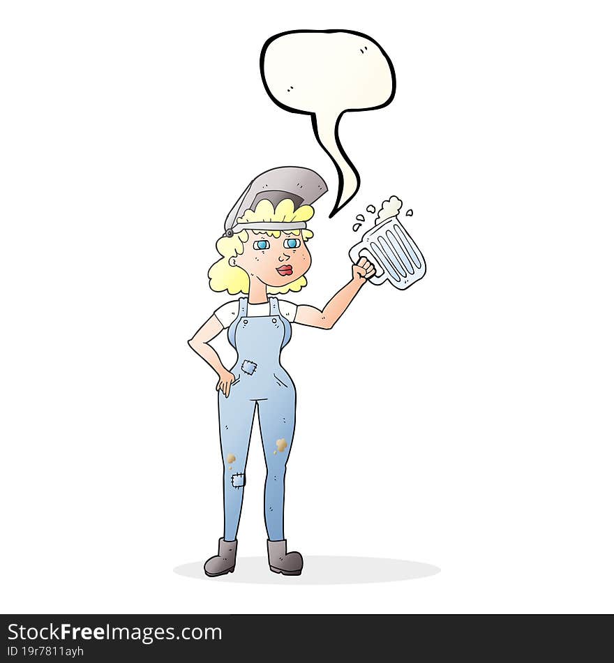 freehand drawn speech bubble cartoon hard working woman with beer