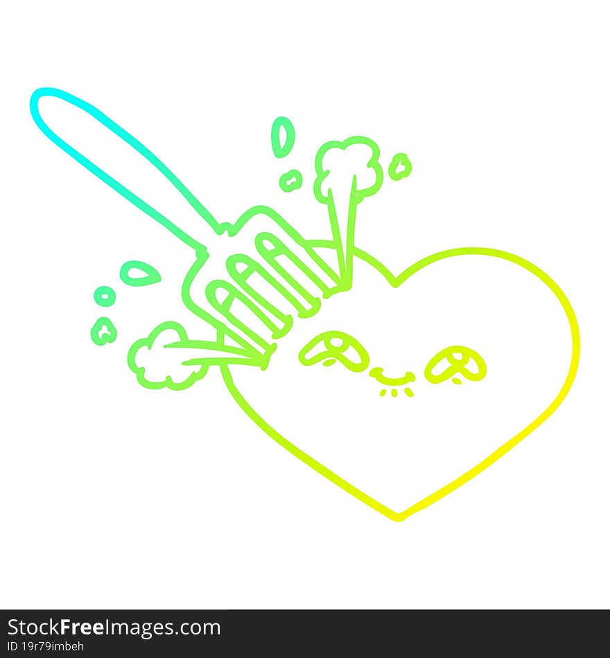 cold gradient line drawing of a cartoon love heart stuck with fork