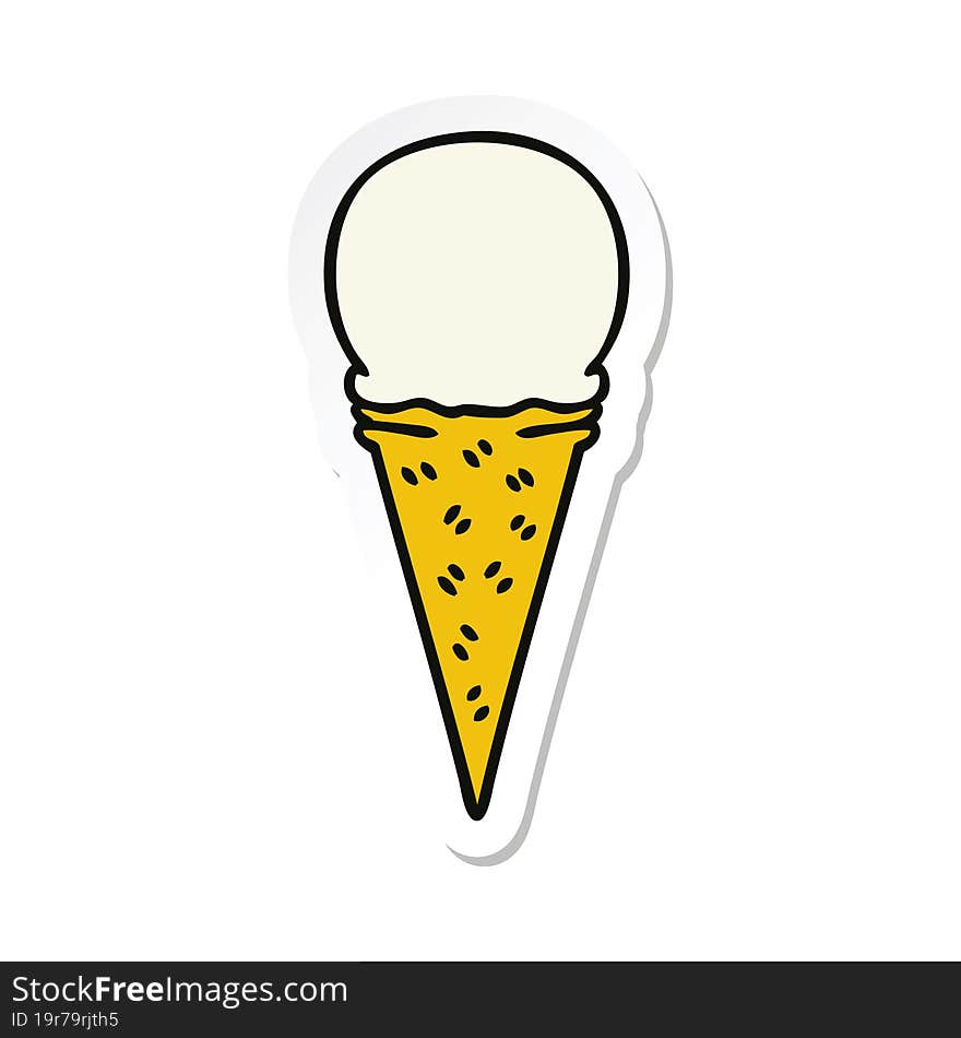 Sticker Of A Quirky Hand Drawn Cartoon Vanilla Ice Cream Cone