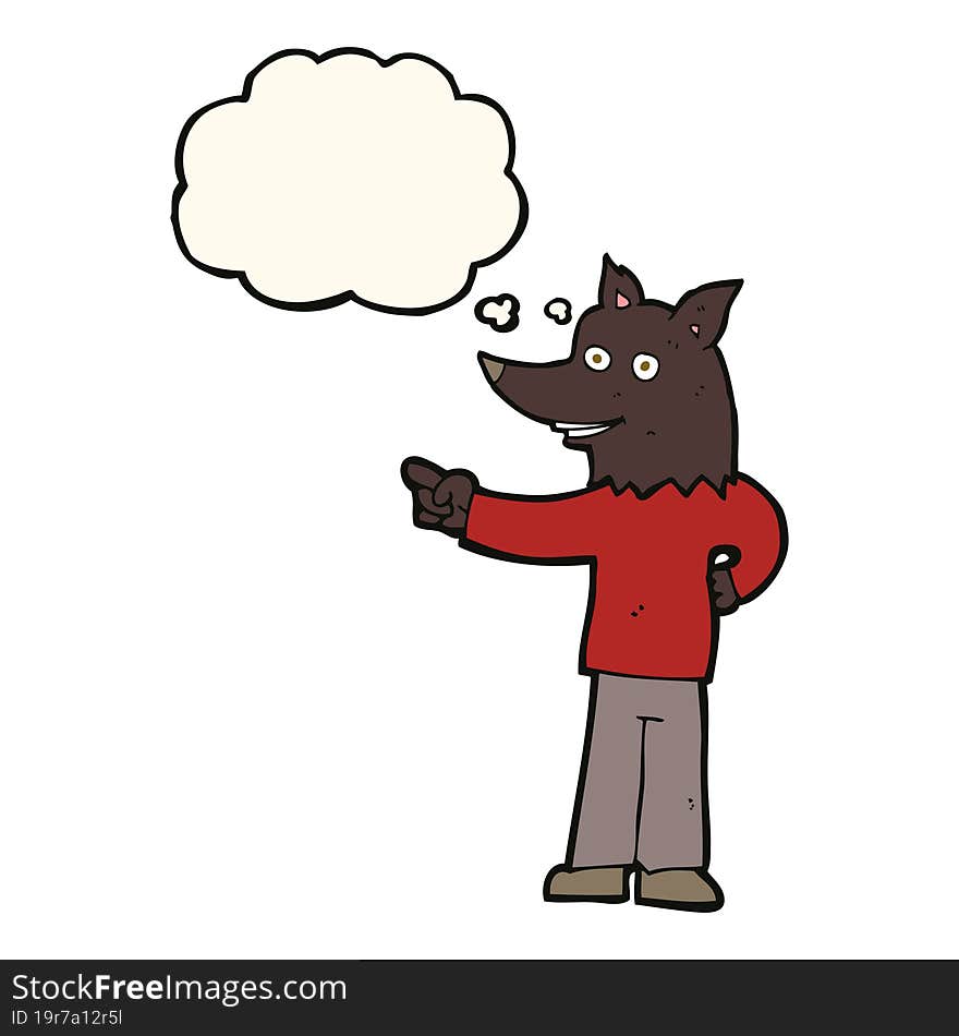 cartoon wolf man pointing with thought bubble