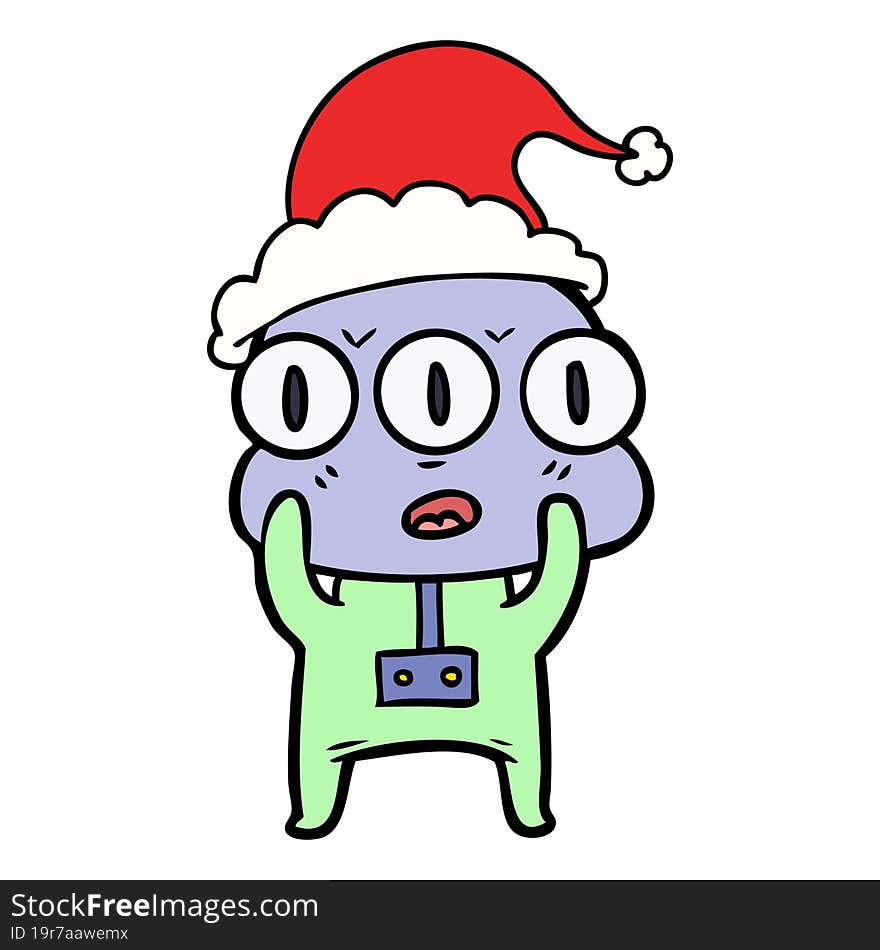 Line Drawing Of A Three Eyed Alien Wearing Santa Hat