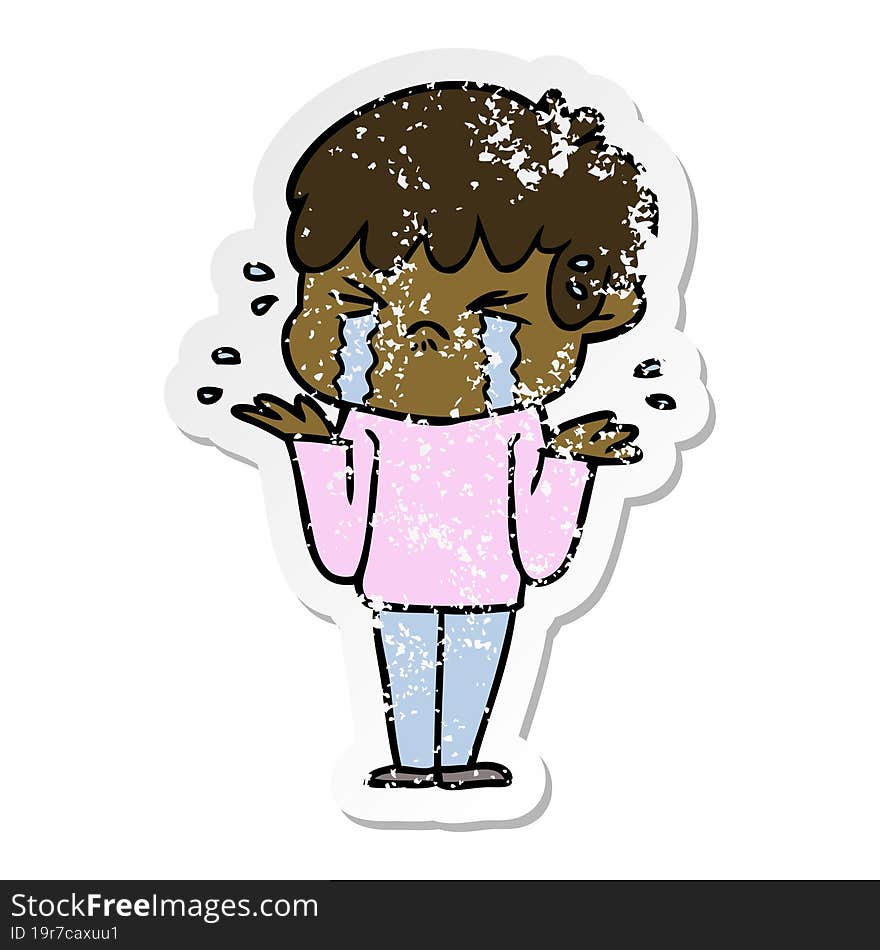 distressed sticker of a cartoon boy crying and shrugging shoulders