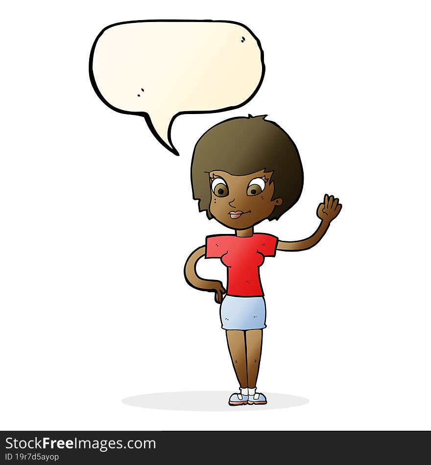 cartoon woman waving with speech bubble