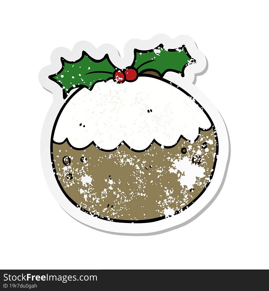 distressed sticker of a cartoon christmas pudding