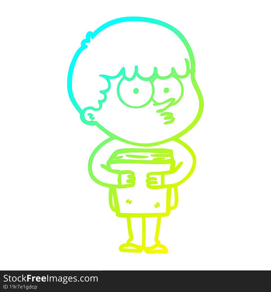 cold gradient line drawing cartoon curious boy holding a book