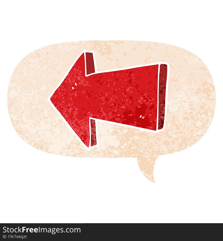 cartoon pointing arrow and speech bubble in retro textured style