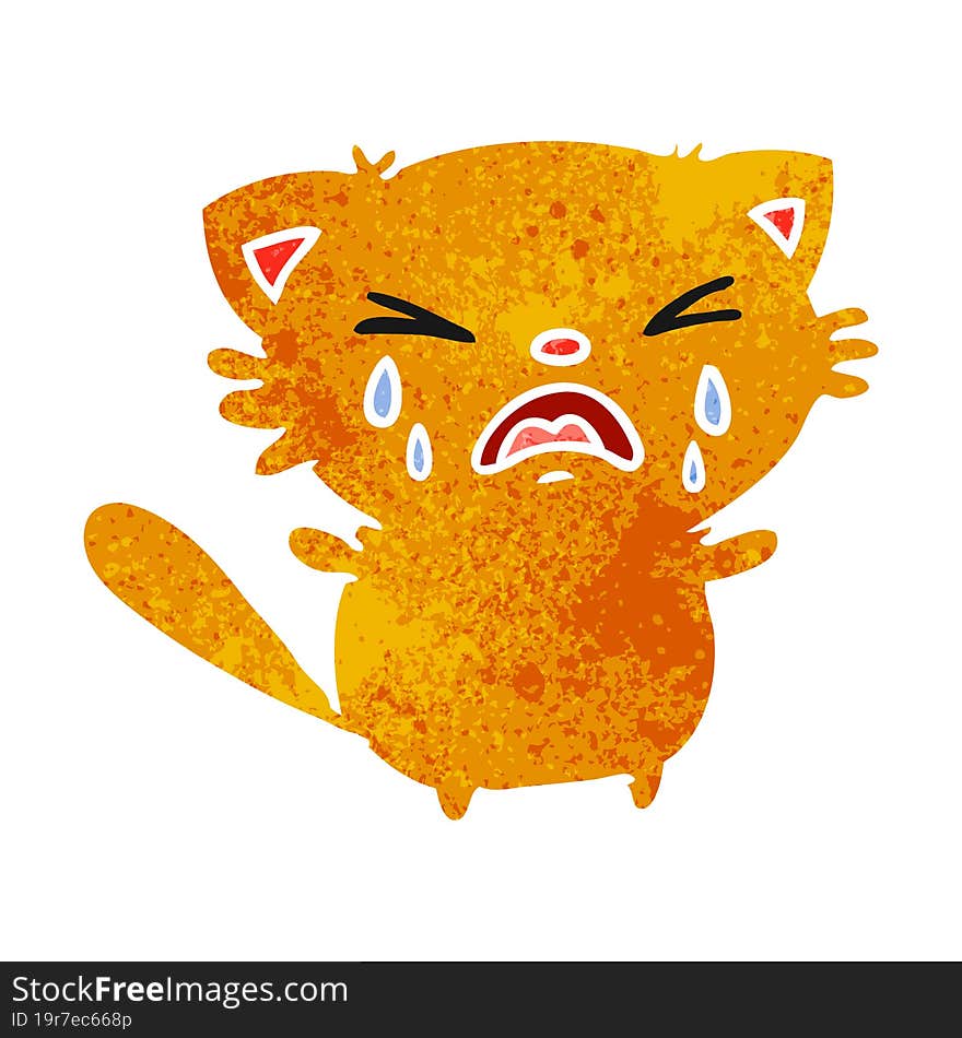 retro cartoon of cute kawaii crying cat