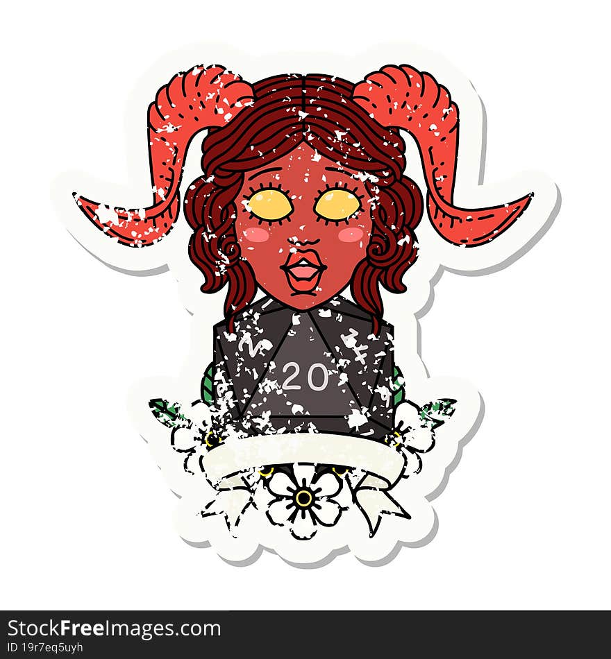 Retro Tattoo Style tiefling with natural twenty dice roll. Retro Tattoo Style tiefling with natural twenty dice roll