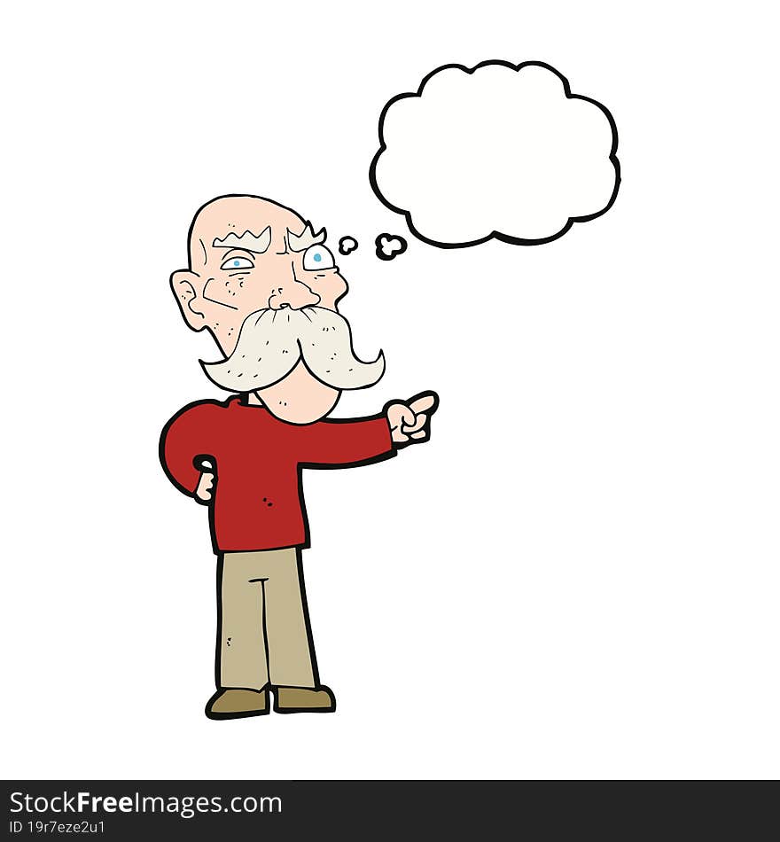 cartoon annoyed old man pointing with thought bubble