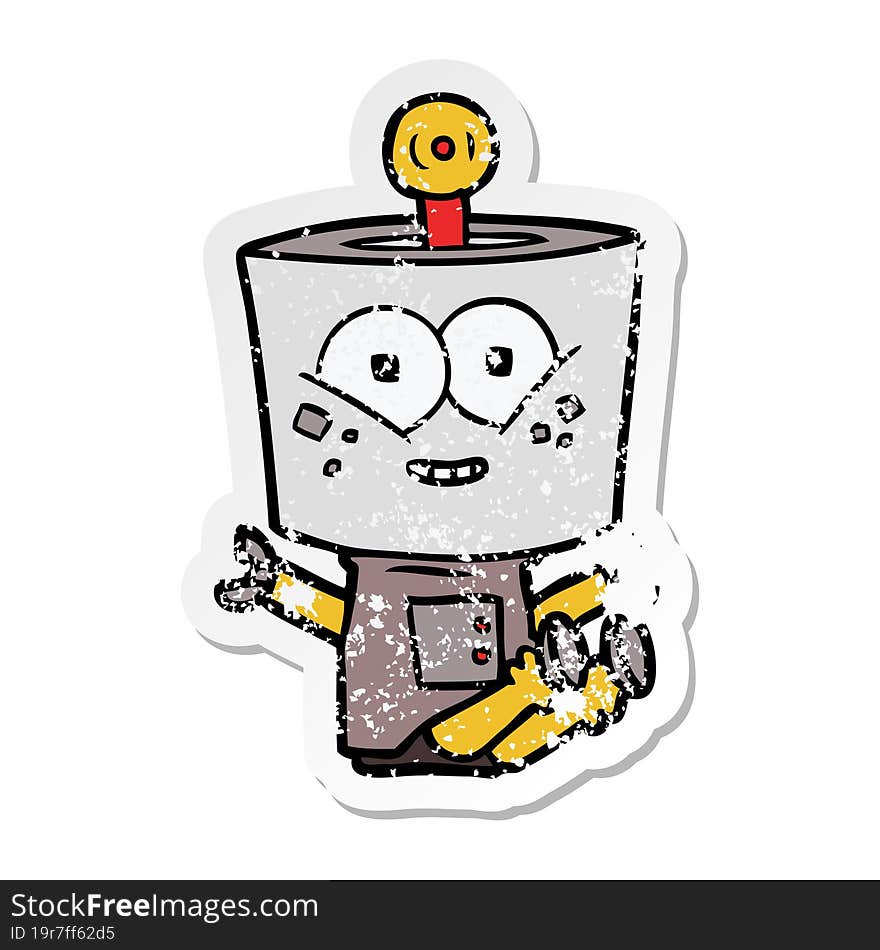 distressed sticker of a happy cartoon robot