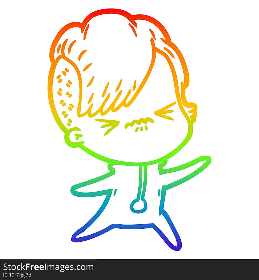 Rainbow Gradient Line Drawing Cartoon Annoyed Hipster Girl