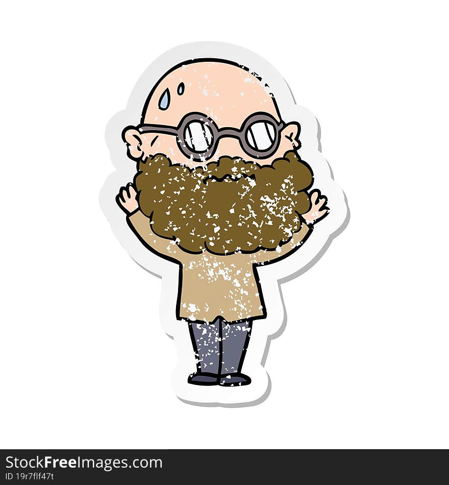 Distressed Sticker Of A Cartoon Worried Man With Beard And Spectacles