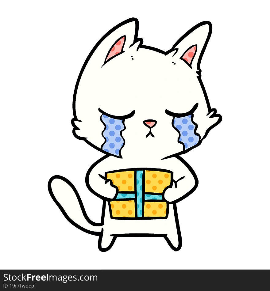 crying cartoon cat holding christmas present. crying cartoon cat holding christmas present