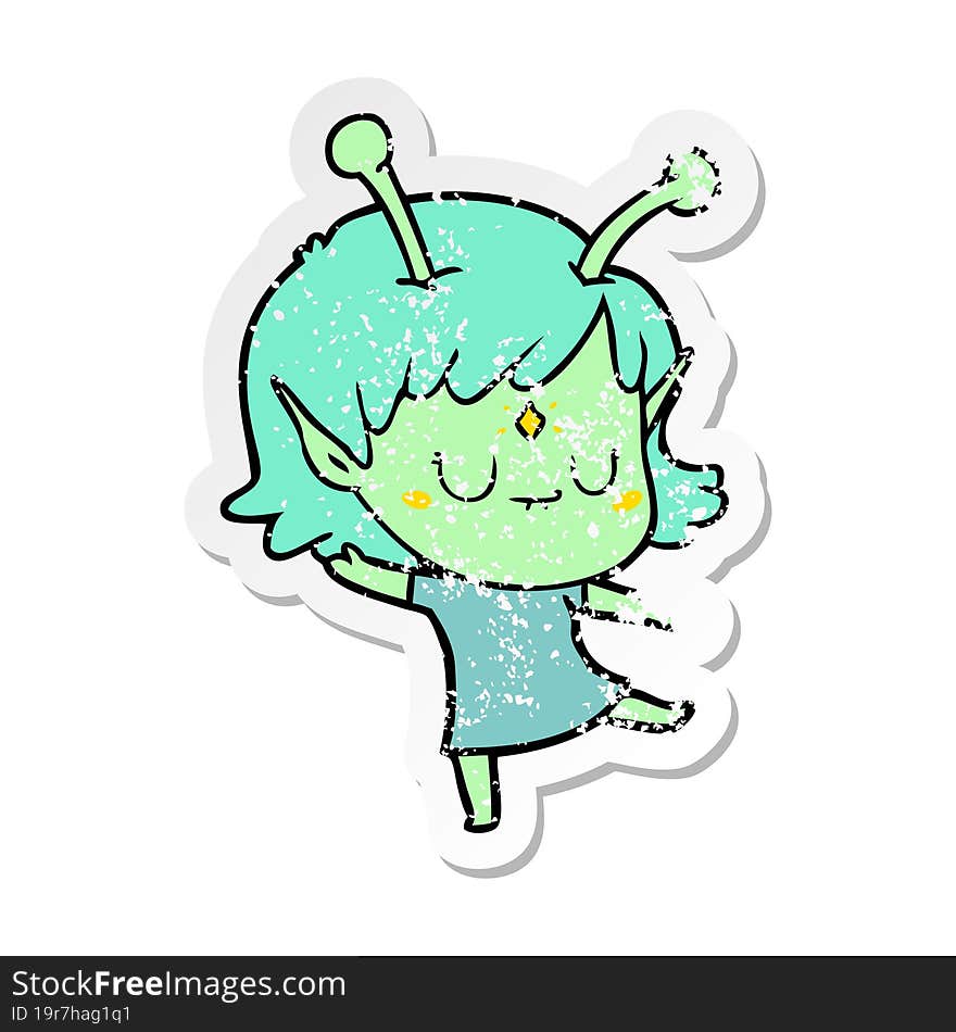 distressed sticker of a cartoon alien girl