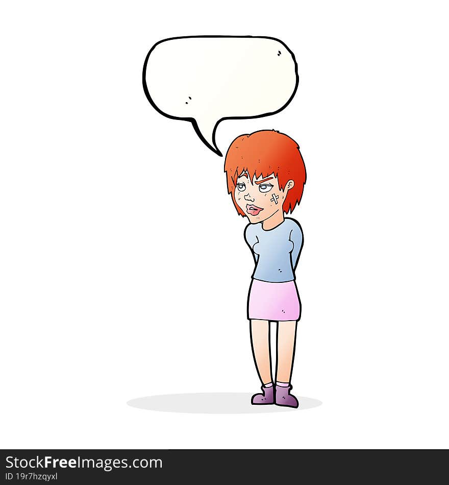 cartoon woman with plaster on face with speech bubble