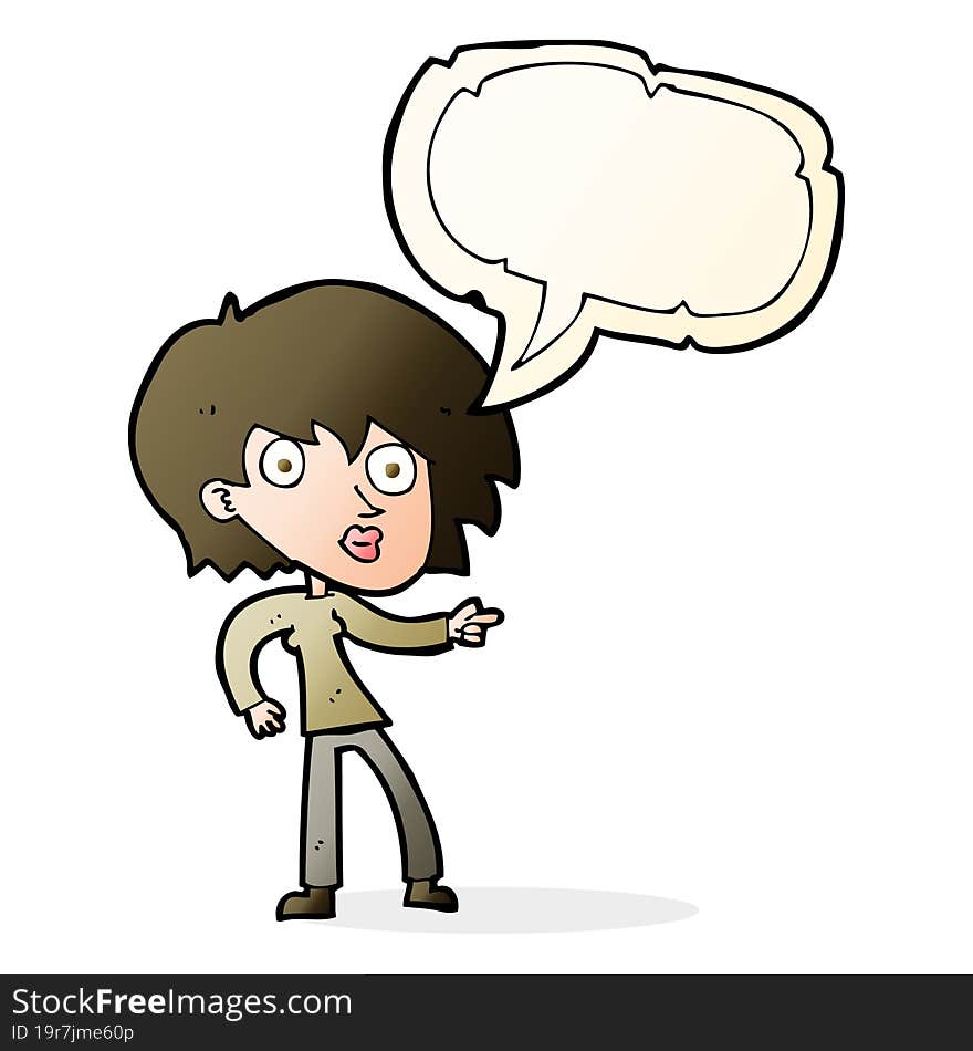 cartoon surprised woman pointing with speech bubble