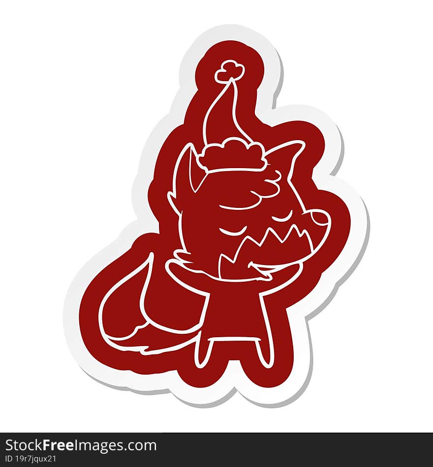 friendly cartoon  sticker of a fox wearing santa hat