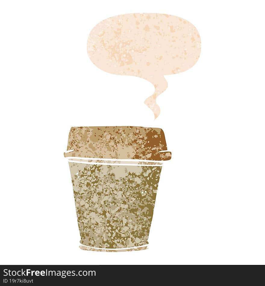 cartoon take out coffee and speech bubble in retro textured style