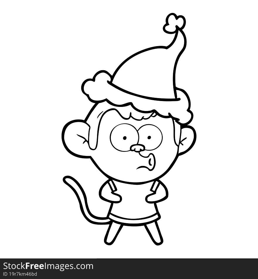 line drawing of a surprised monkey wearing santa hat