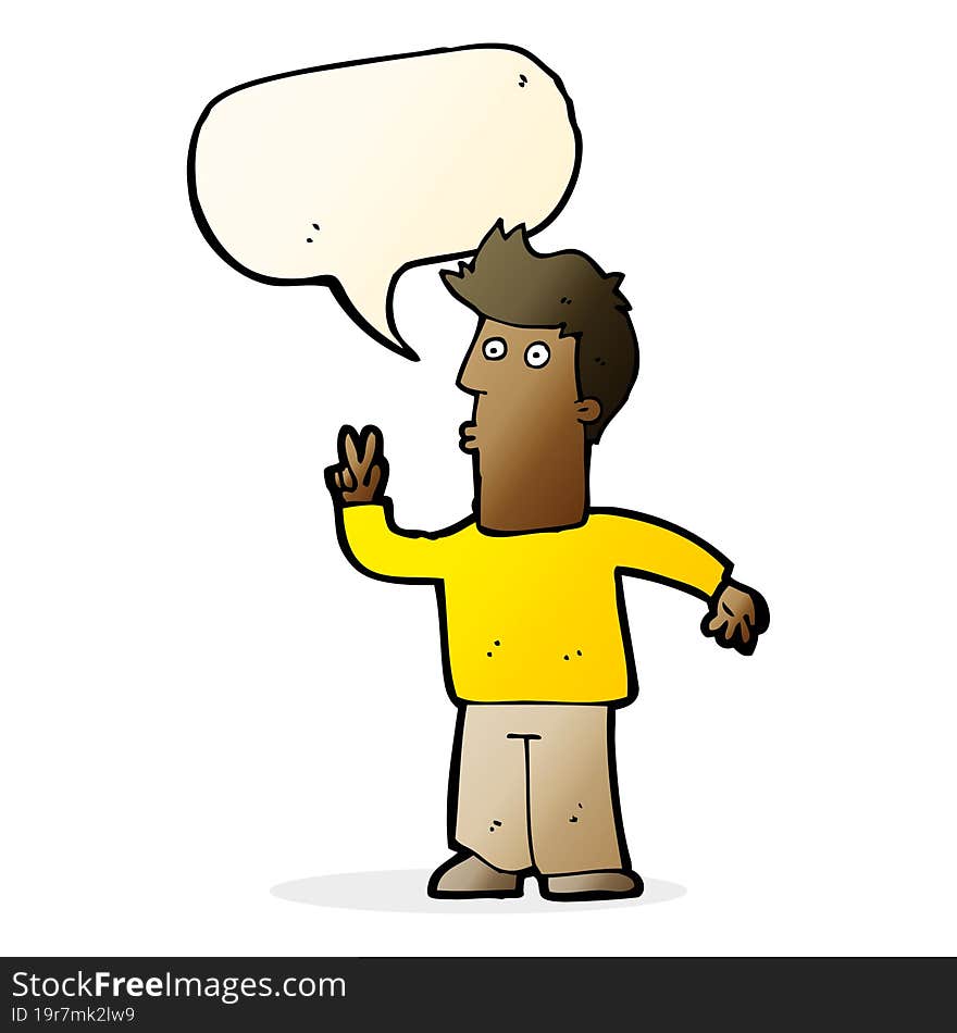 Cartoon Man Giving Peace Sign With Speech Bubble