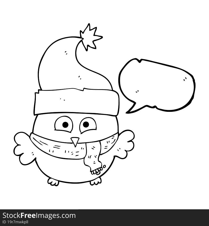 freehand drawn speech bubble cartoon owl wearing christmas hat