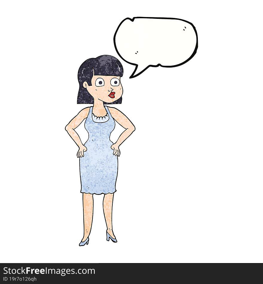 freehand speech bubble textured cartoon woman with hands on hips