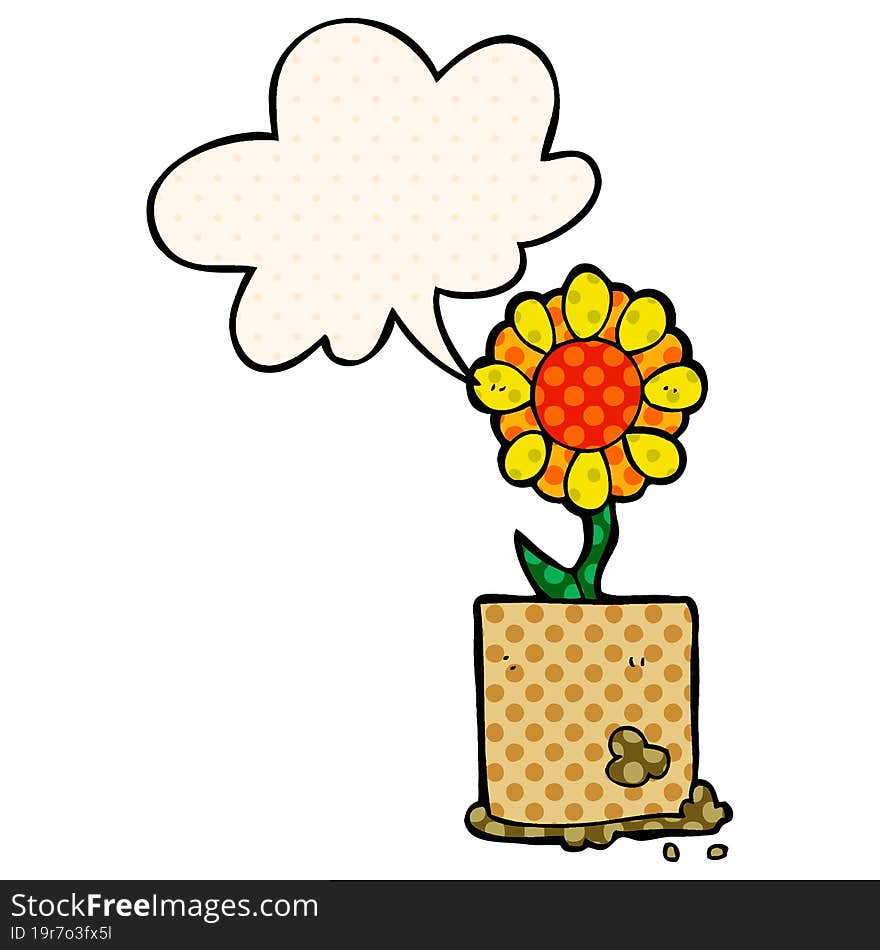 cartoon flower and speech bubble in comic book style