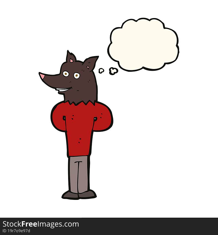 cartoon wolf man with thought bubble