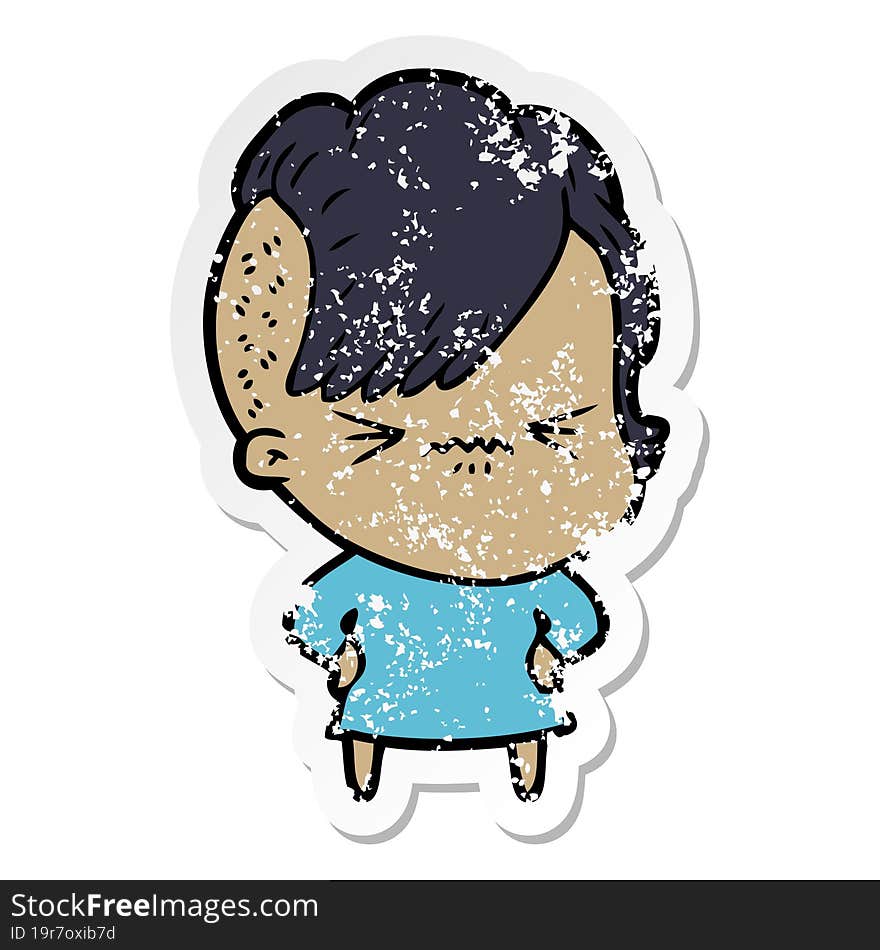 distressed sticker of a cartoon annoyed hipster girl