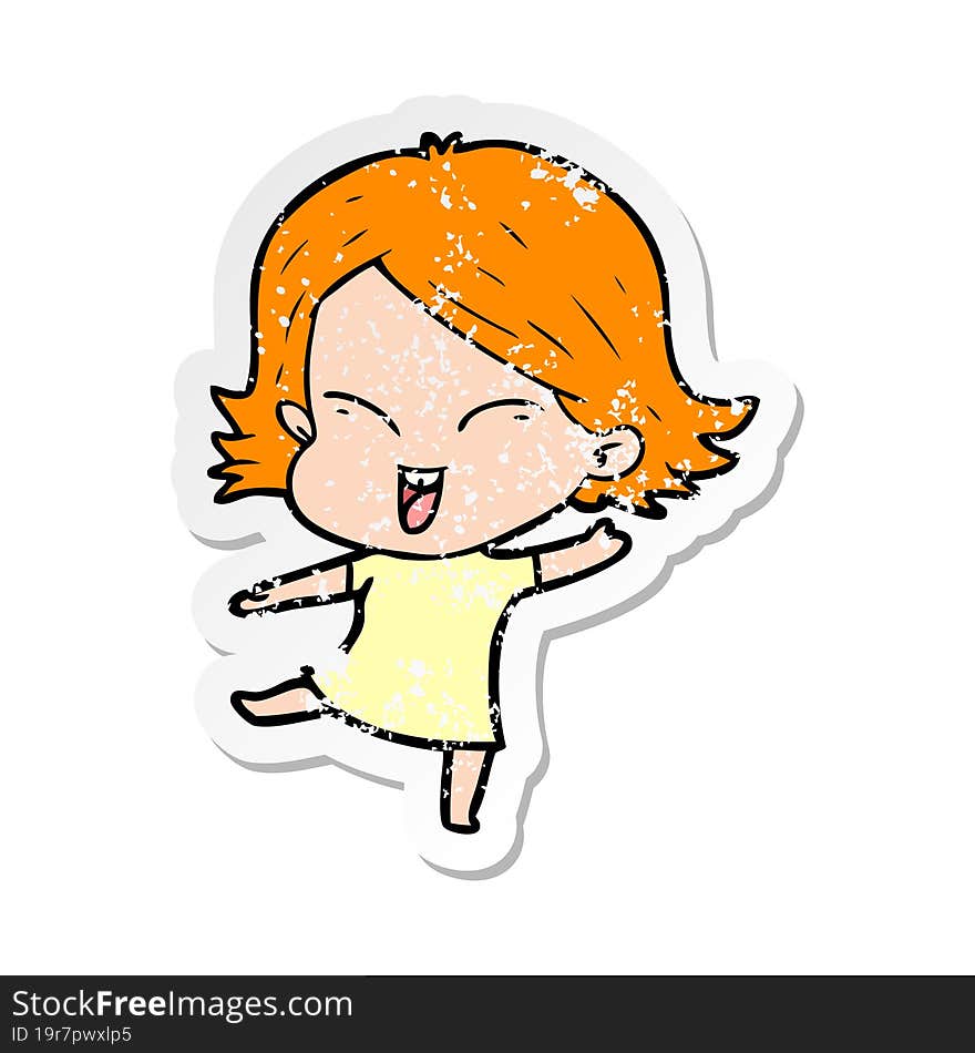 distressed sticker of a happy cartoon girl