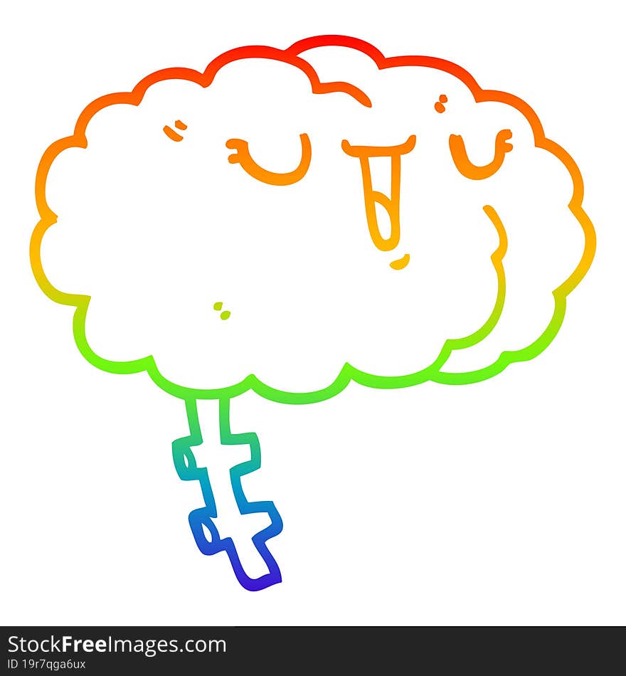 rainbow gradient line drawing of a happy cartoon brain