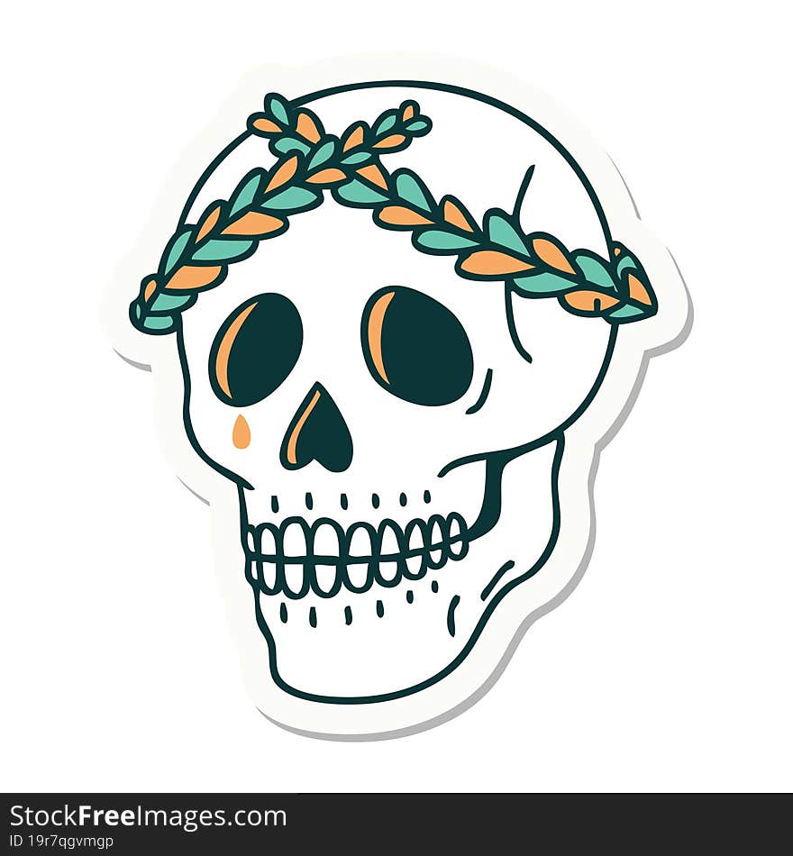 tattoo style sticker of a skull with laurel wreath crown