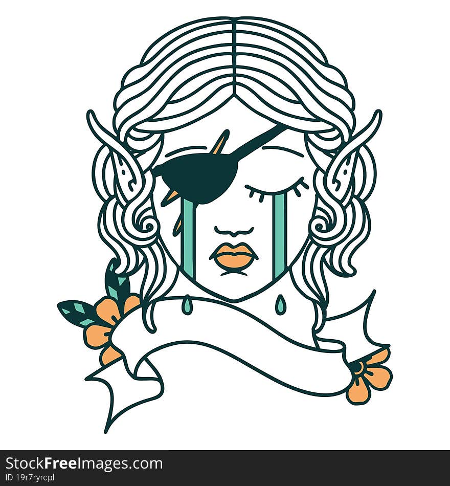 Retro Tattoo Style crying elf rogue character face. Retro Tattoo Style crying elf rogue character face