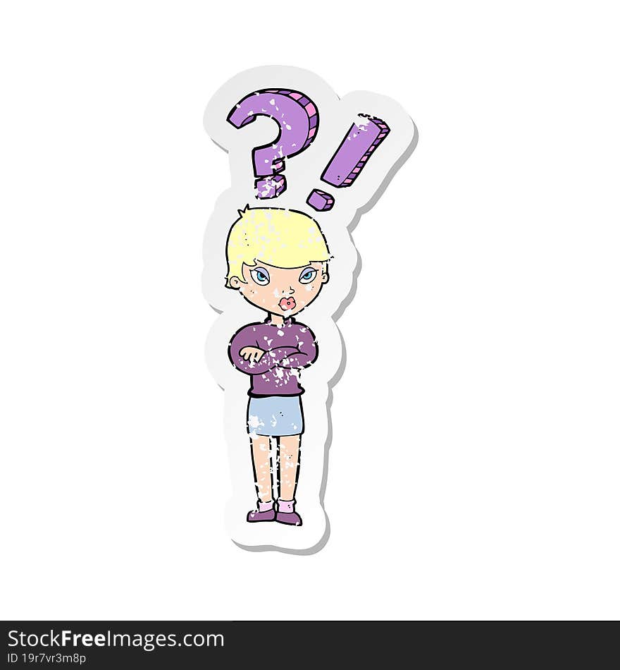 retro distressed sticker of a cartoon woman asking question