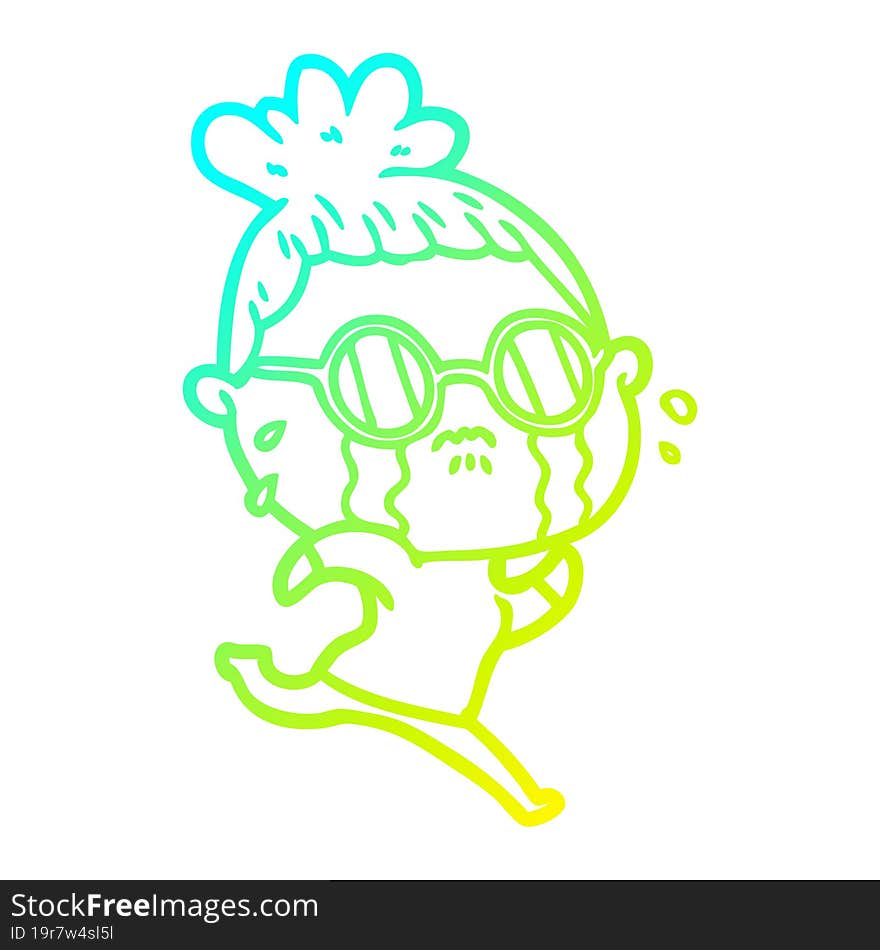 cold gradient line drawing cartoon crying woman wearing spectacles