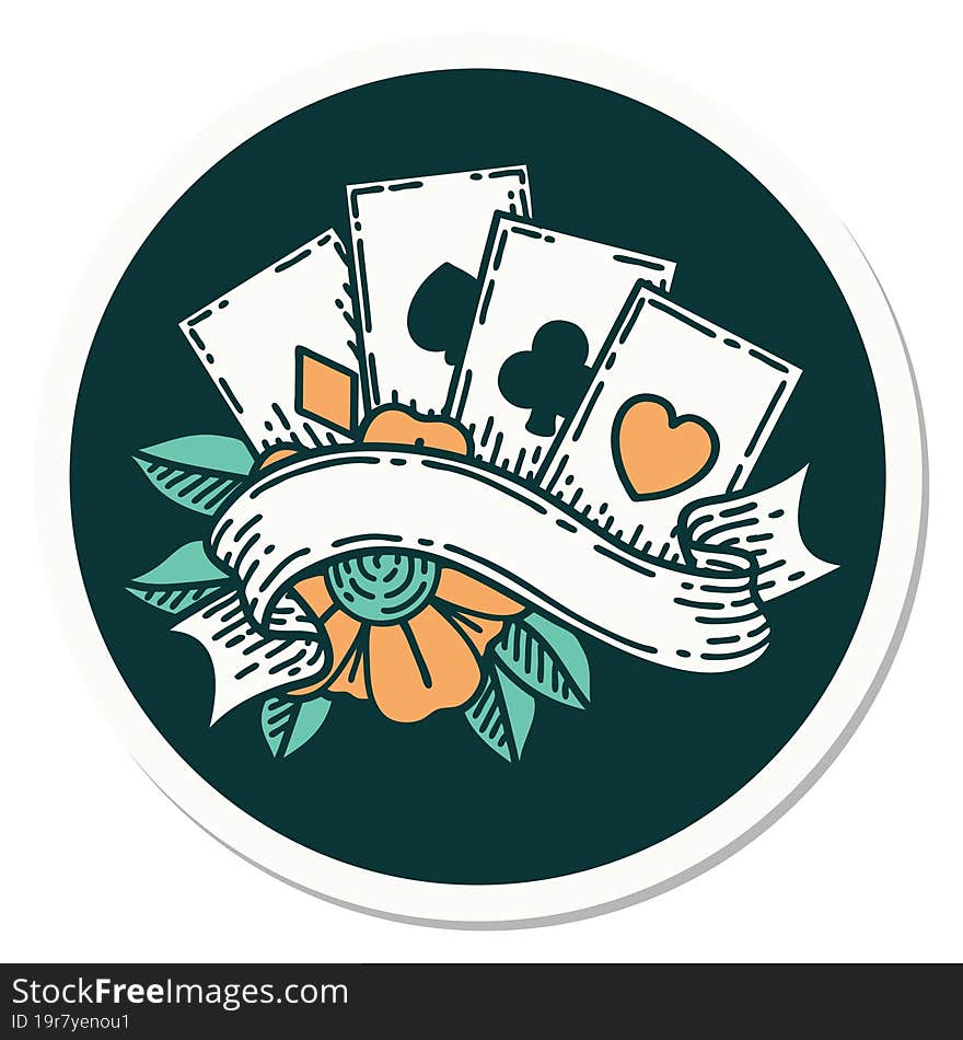 tattoo style sticker of cards and banner