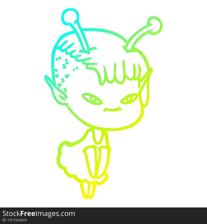 cold gradient line drawing of a cute cartoon alien girl