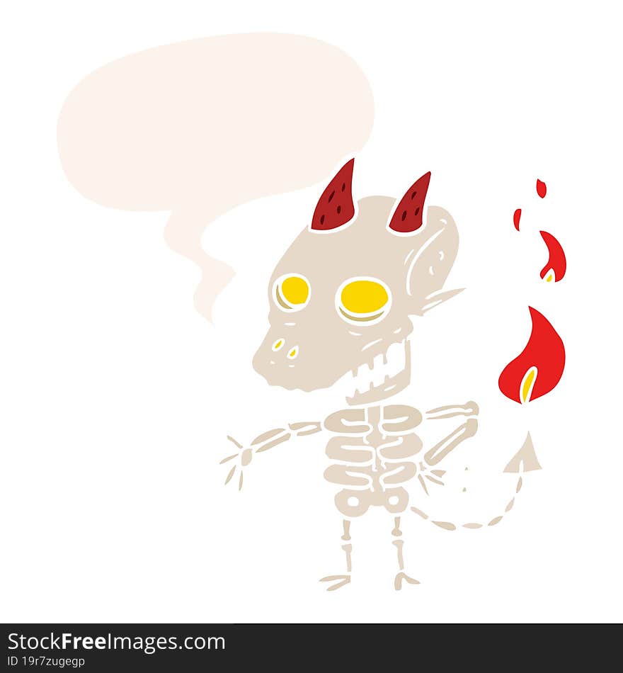 cartoon spooky skeleton demon and speech bubble in retro style