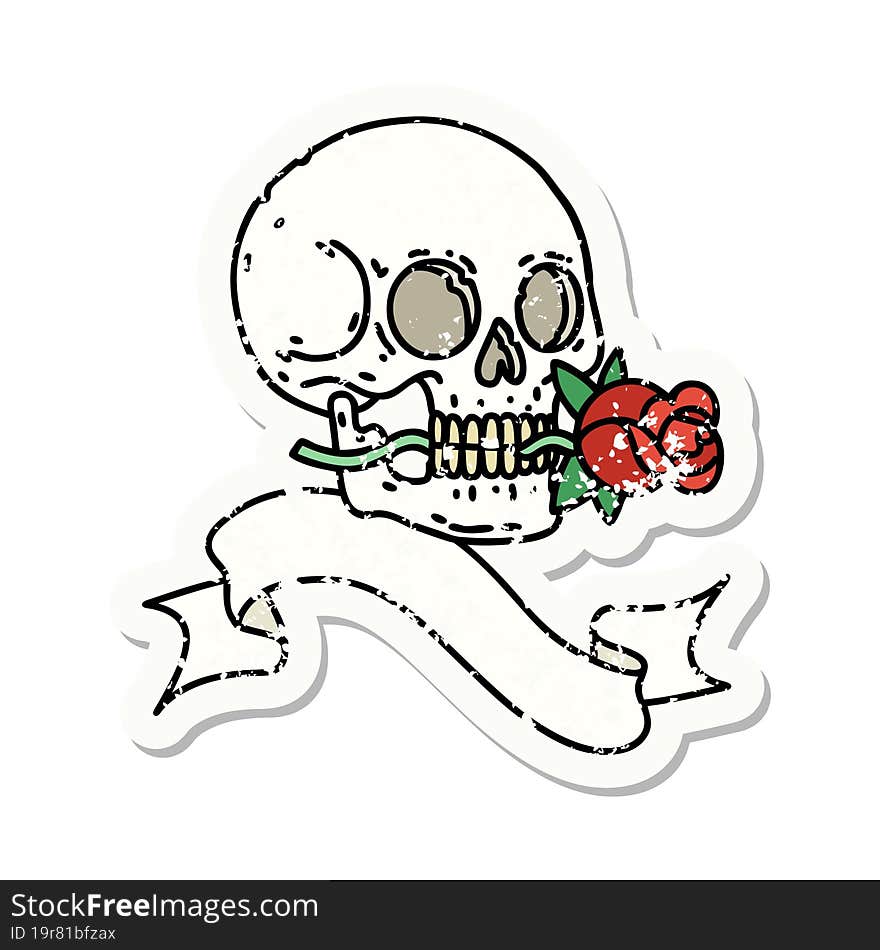 worn old sticker with banner of a skull and rose. worn old sticker with banner of a skull and rose