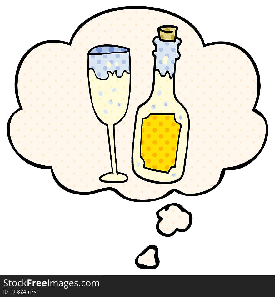 cartoon champagne bottle and glass and thought bubble in comic book style