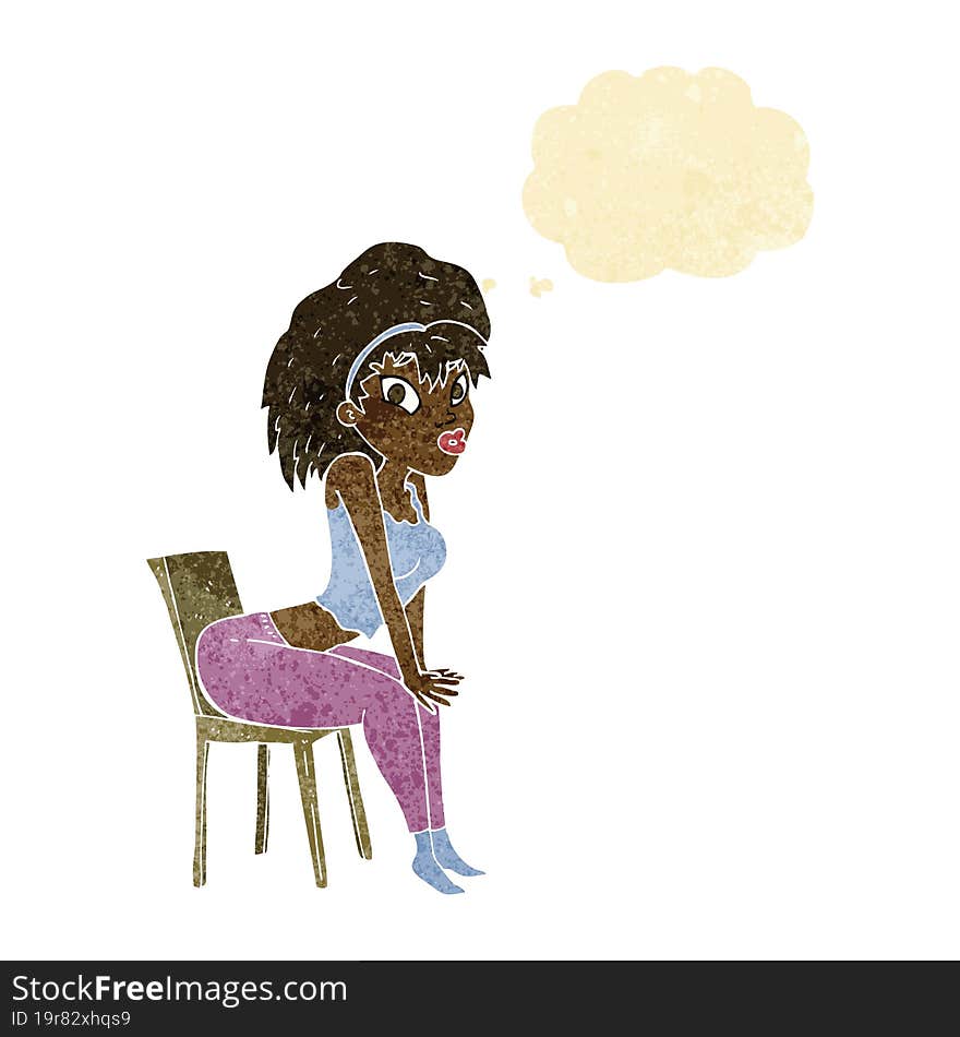 Cartoon Woman Posing On Chair With Thought Bubble